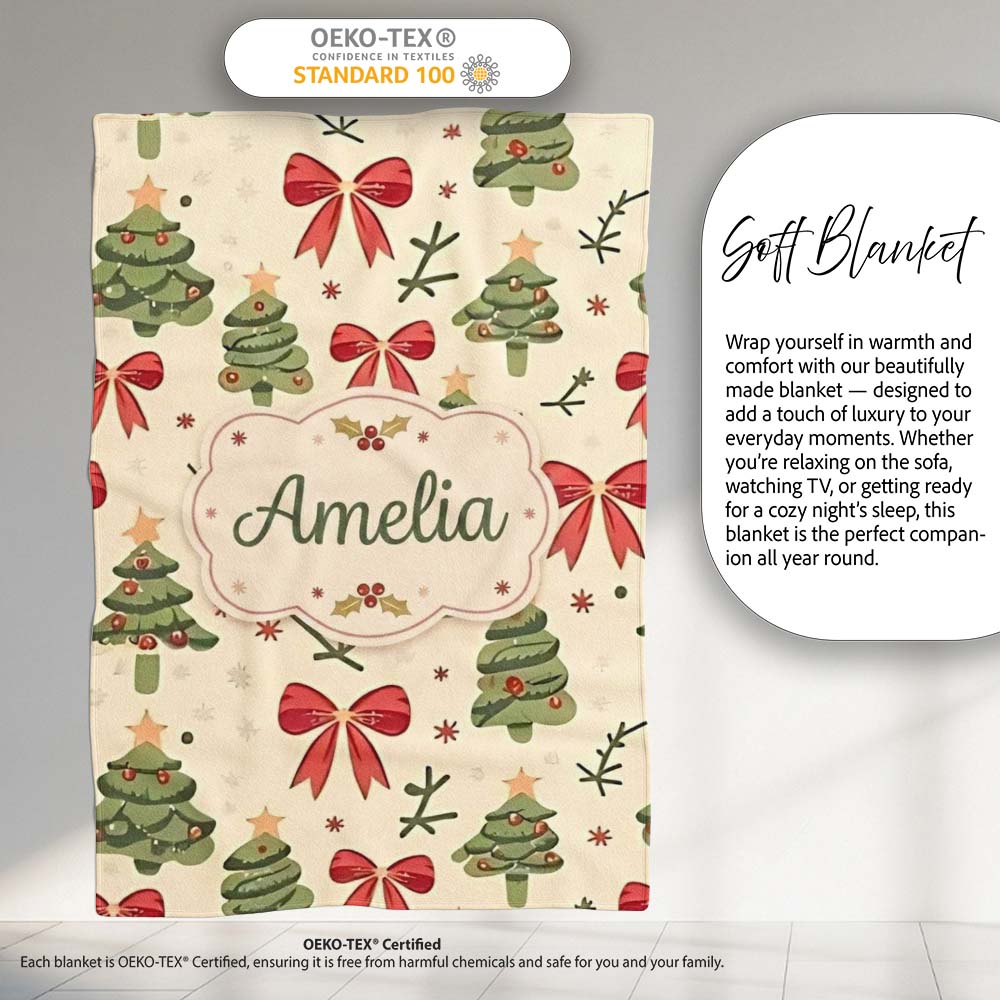 Watercolor Christmas Trees with Red Bows and Winter Elements Lovely Personalised Custom Name Super Soft Fleece Blanket Bed Sofa Throw