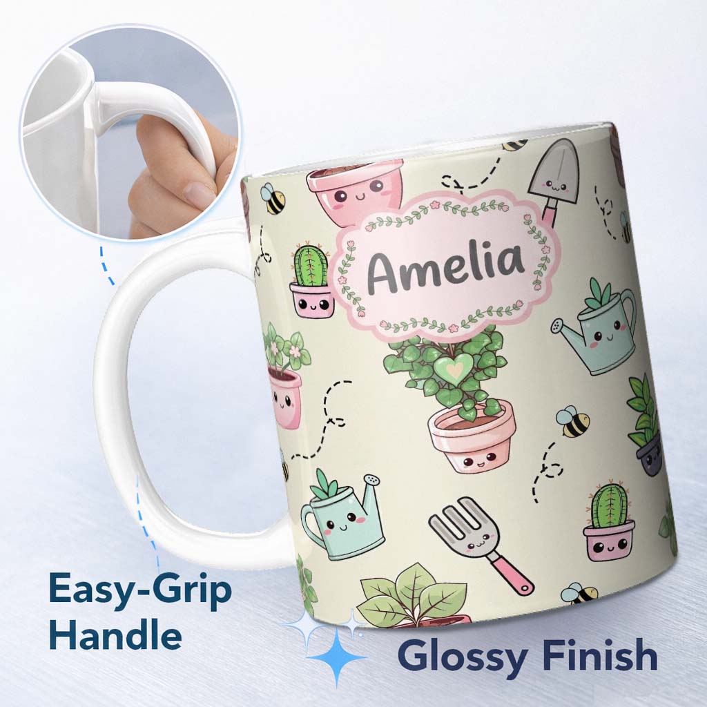 Personalized Custom Name Cute Kawaii Garden Tools Plants Bees Seamless Pattern Cream Lovely 11oz Ceramic Coffee Tea Mug White Large Handle