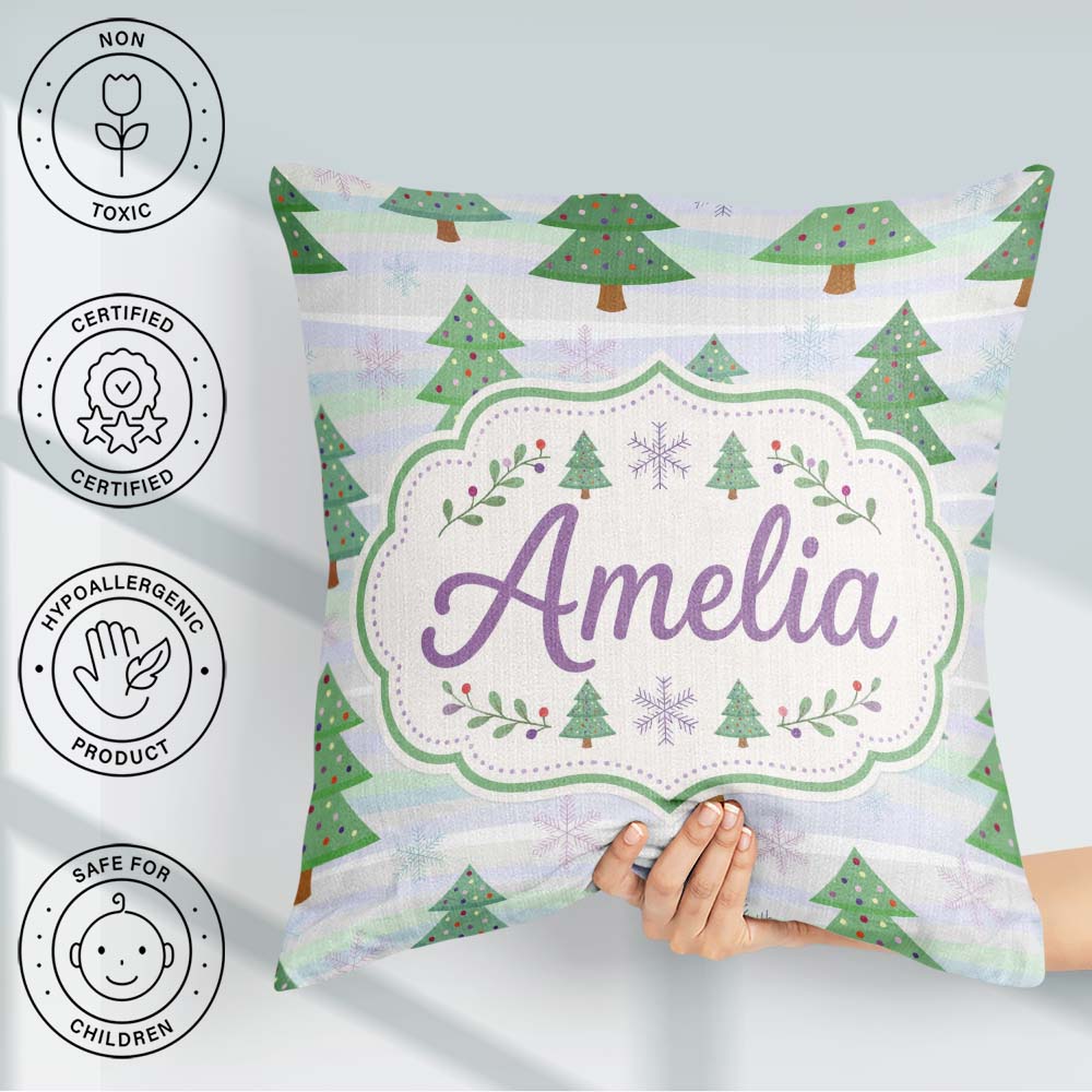 Custom Name Pastel Christmas Trees with Snowflakes Soft Seamless Square Filled Cushion Throw Pillow Sofa Bed Home Decor Zip Washable UK Made