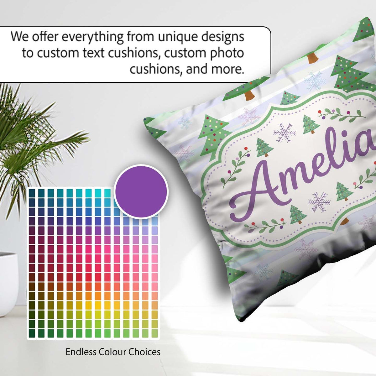 Custom Name Pastel Christmas Trees with Snowflakes Soft Seamless Square Filled Cushion Throw Pillow Sofa Bed Home Decor Zip Washable UK Made