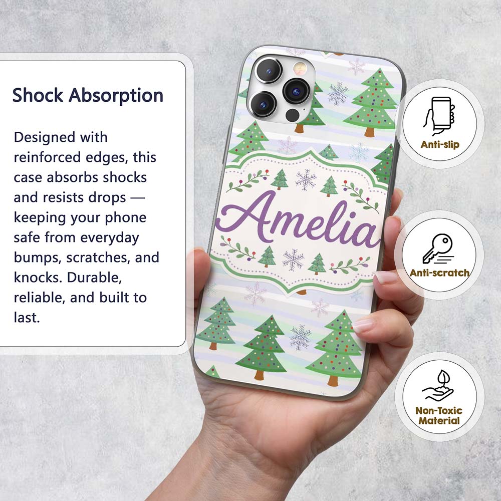 Pastel Christmas Trees with Snowflakes and Soft Custom Name Protective Phone Case Mobile Cover Durable Everyday Smartphone Shock Resistant