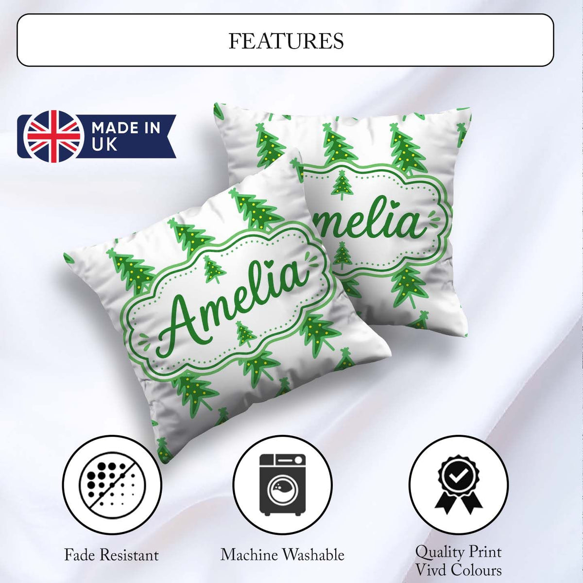 Custom Name Simple Green Christmas Trees Yellow Minimal Seamless Square Filled Cushion Throw Pillow Sofa Bed Home Decor Zip Washable UK Made
