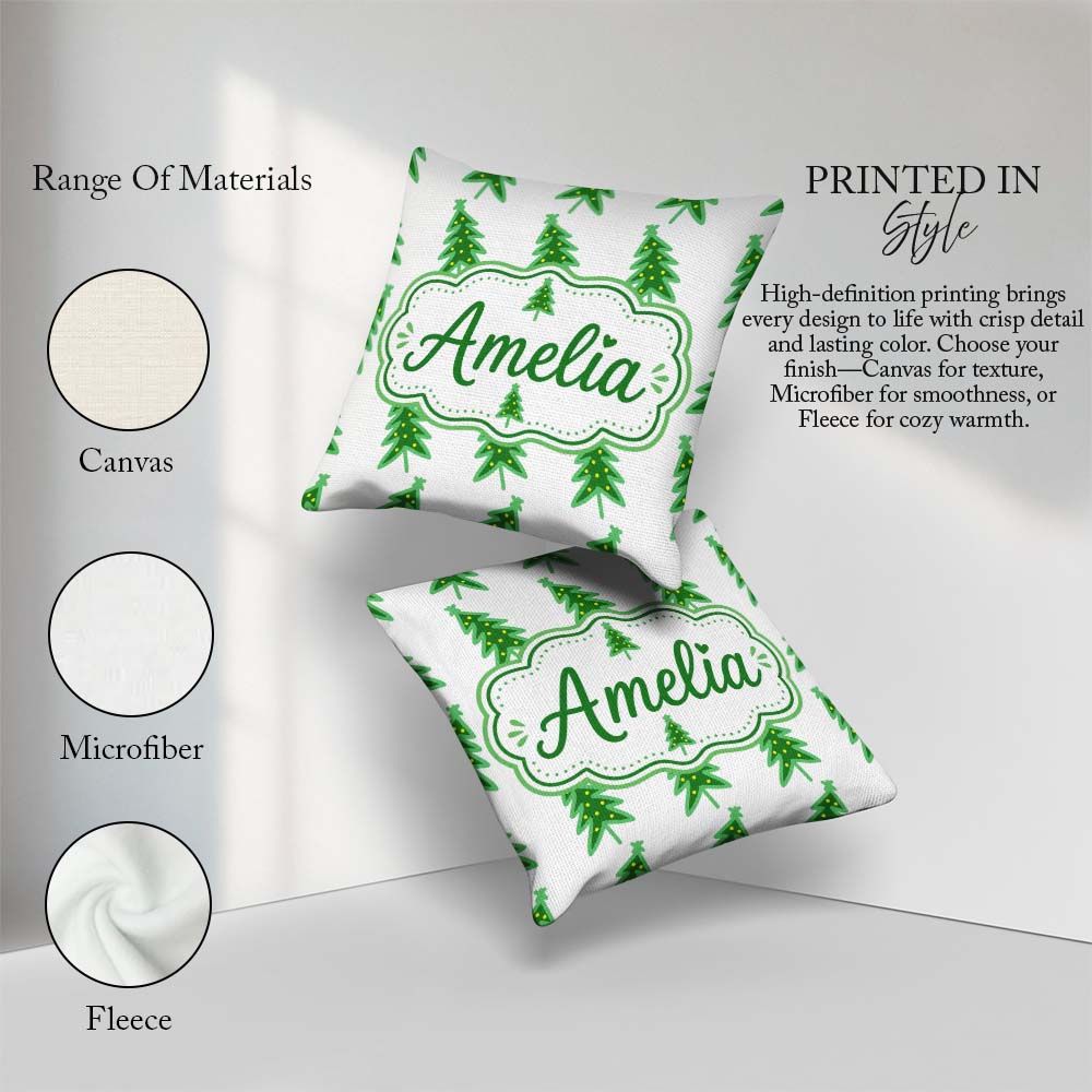 Custom Name Simple Green Christmas Trees Yellow Minimal Seamless Square Filled Cushion Throw Pillow Sofa Bed Home Decor Zip Washable UK Made