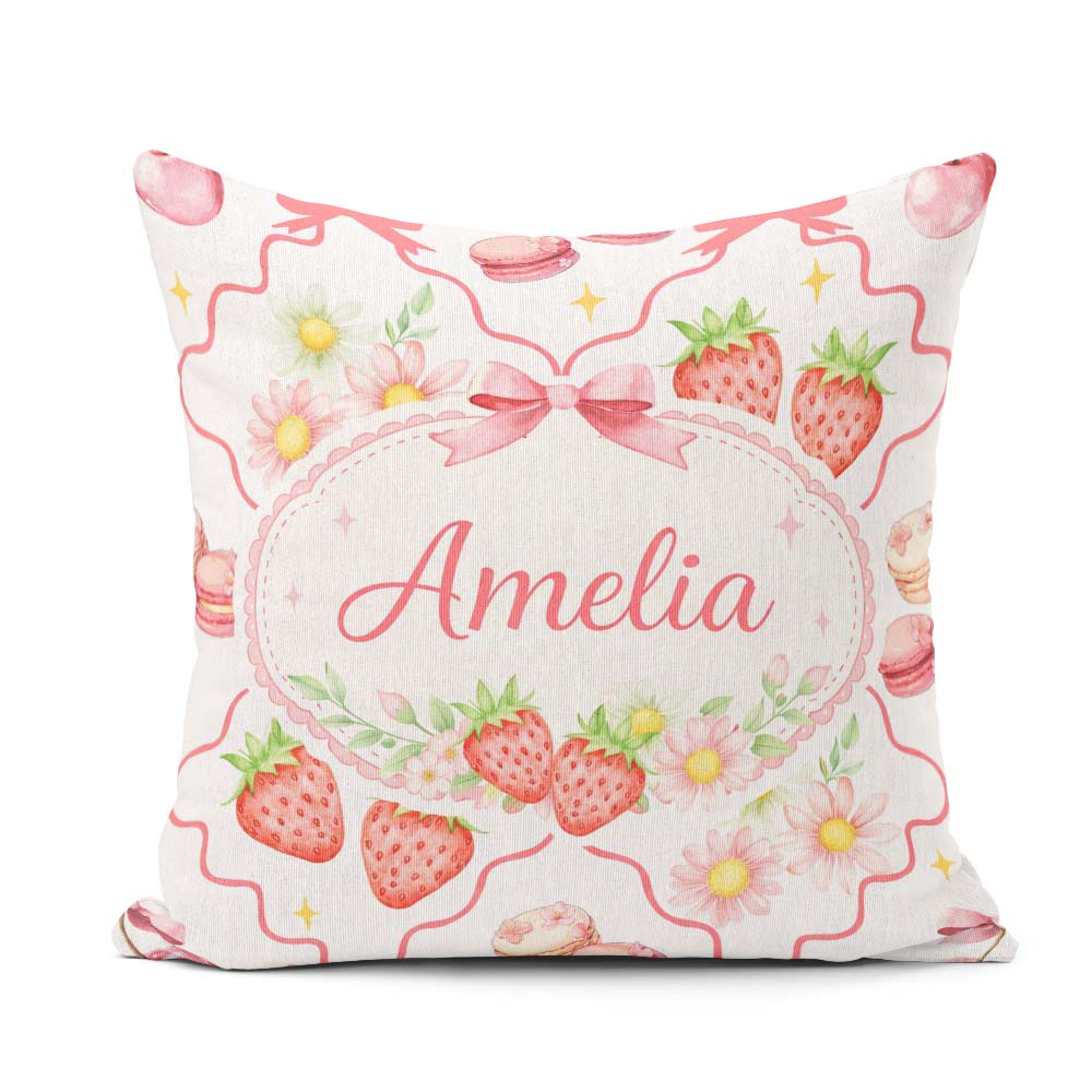 Custom Name Cherry Daisy White Red Outline Cute Coquette Floral Square Filled Cushion Throw Pillow Sofa Bed Home Decor Zip Washable UK Made