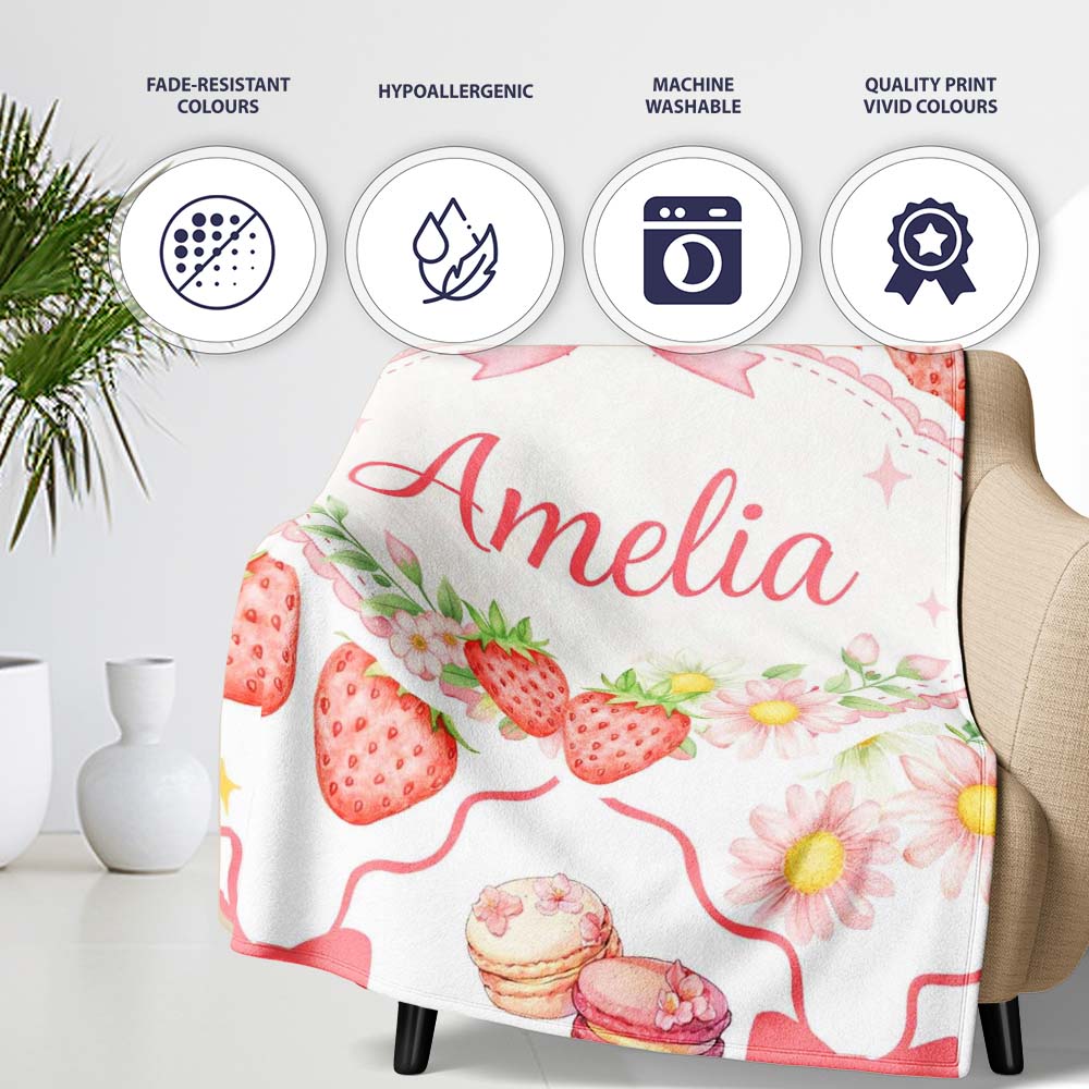 Strawberry Cherry Daisy White Red Outline Cute Coquette Floral Personalised Custom Name Super Soft Fleece Blanket Bed Sofa Throw