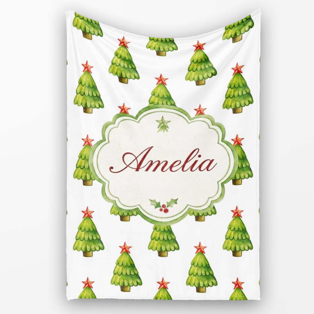 Watercolor Christmas Trees with Red Star Toppers Minimal Seamless Personalised Custom Name Super Soft Fleece Blanket Bed Sofa Throw