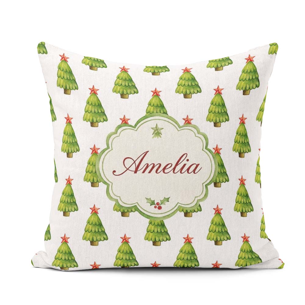 Custom Name Watercolor Christmas Trees with Star Toppers Minimal Square Filled Cushion Throw Pillow Sofa Bed Home Decor Zip Washable UK Made