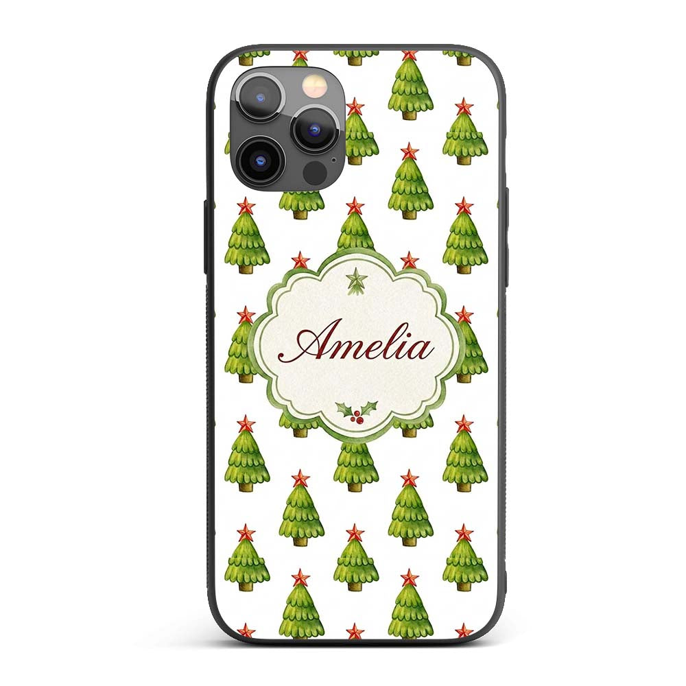 Watercolor Christmas Trees with Red Star Toppers Custom Name Protective Phone Case Mobile Cover Durable Everyday Smartphone Shock Resistant
