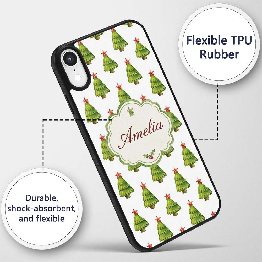 Watercolor Christmas Trees with Red Star Toppers Custom Name Protective Phone Case Mobile Cover Durable Everyday Smartphone Shock Resistant