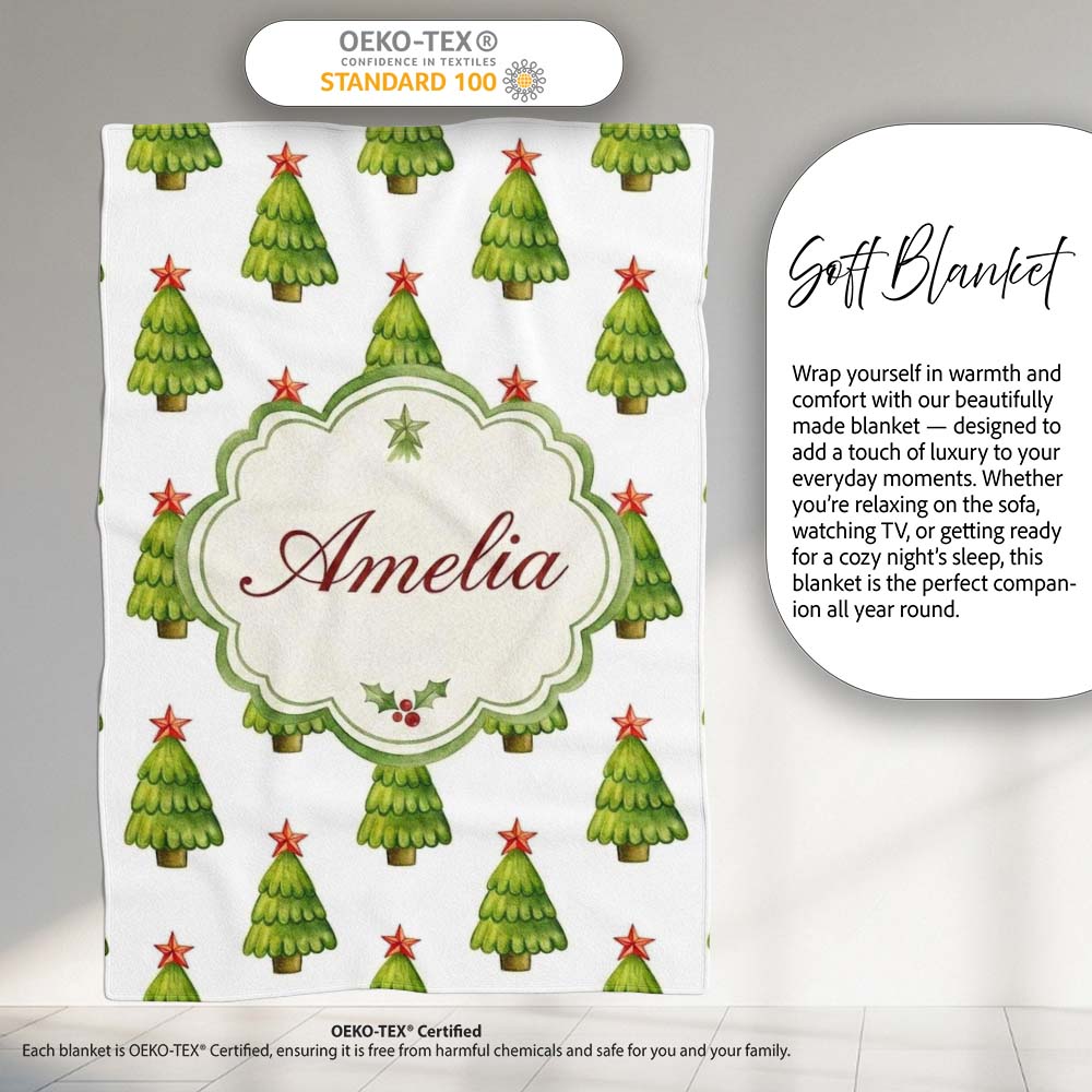 Watercolor Christmas Trees with Red Star Toppers Minimal Seamless Personalised Custom Name Super Soft Fleece Blanket Bed Sofa Throw