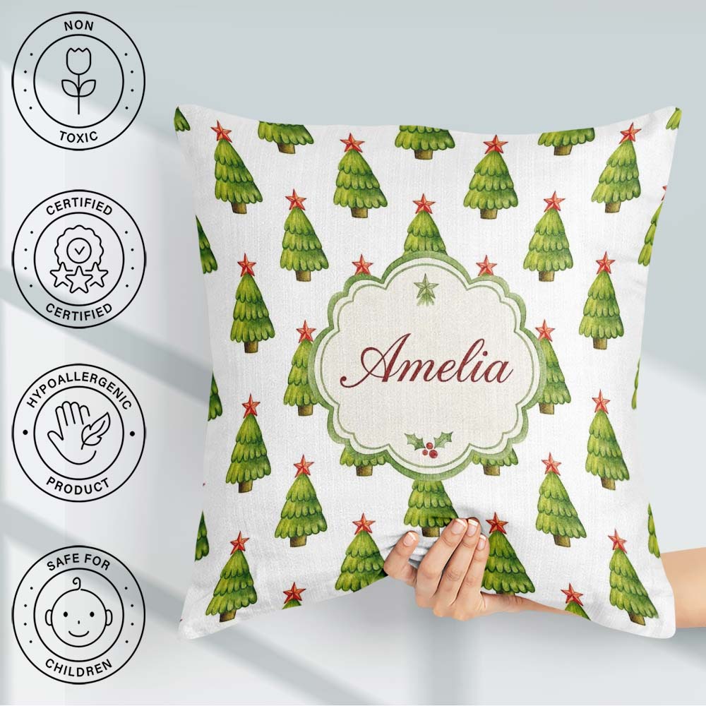 Custom Name Watercolor Christmas Trees with Star Toppers Minimal Square Filled Cushion Throw Pillow Sofa Bed Home Decor Zip Washable UK Made