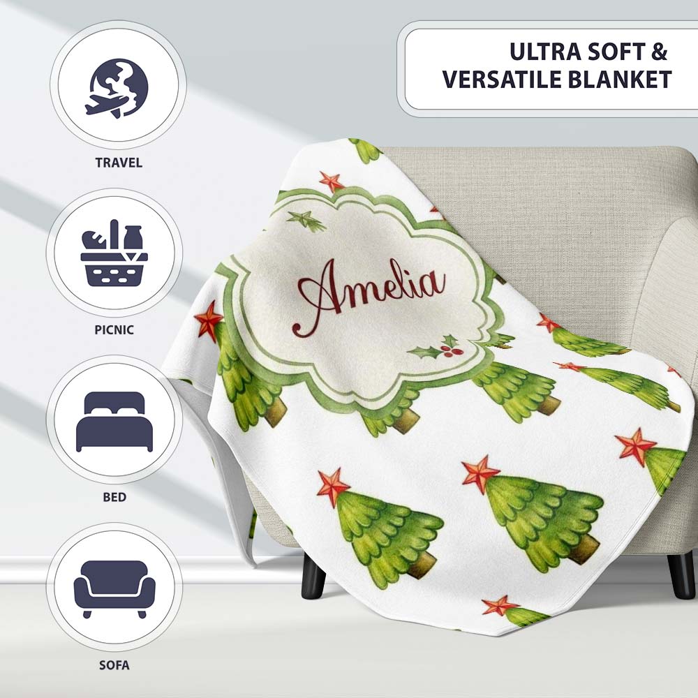 Watercolor Christmas Trees with Red Star Toppers Minimal Seamless Personalised Custom Name Super Soft Fleece Blanket Bed Sofa Throw