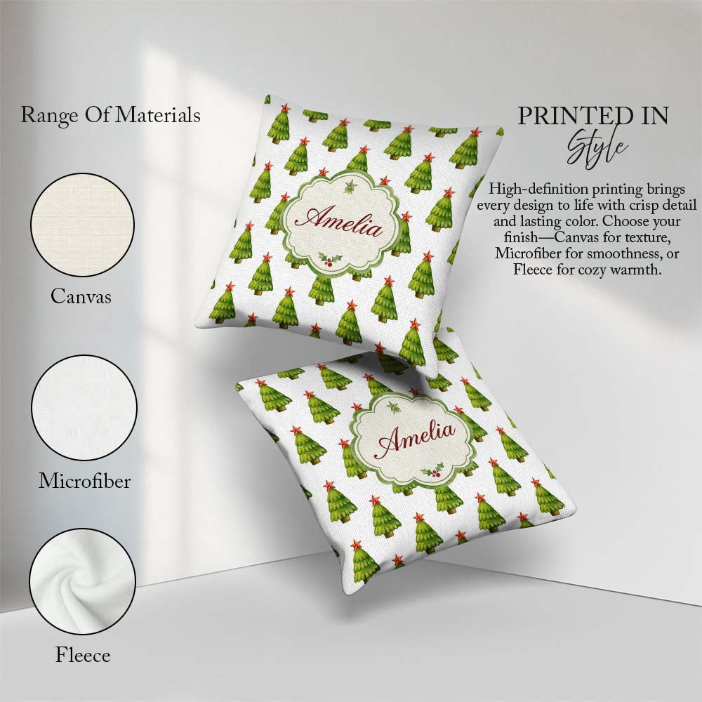 Custom Name Watercolor Christmas Trees with Star Toppers Minimal Square Filled Cushion Throw Pillow Sofa Bed Home Decor Zip Washable UK Made