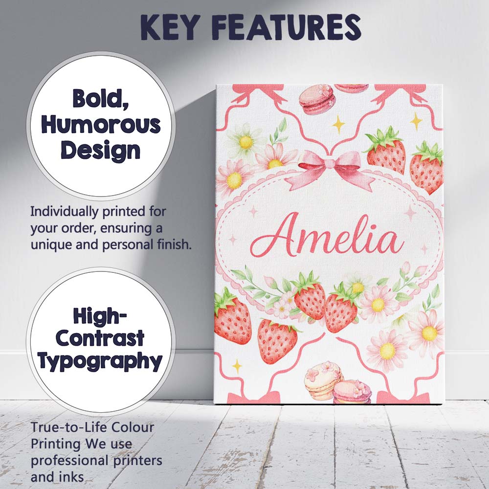 Personalised Name Strawberry Cherry Daisy White Red Outline Cute Custom Interior Canvas Wall Art Print Decor Picture Ready to Hang