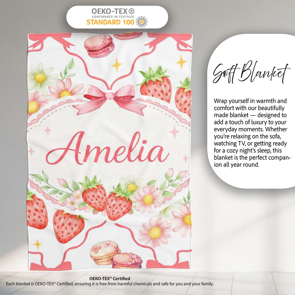 Strawberry Cherry Daisy White Red Outline Cute Coquette Floral Personalised Custom Name Super Soft Fleece Blanket Bed Sofa Throw