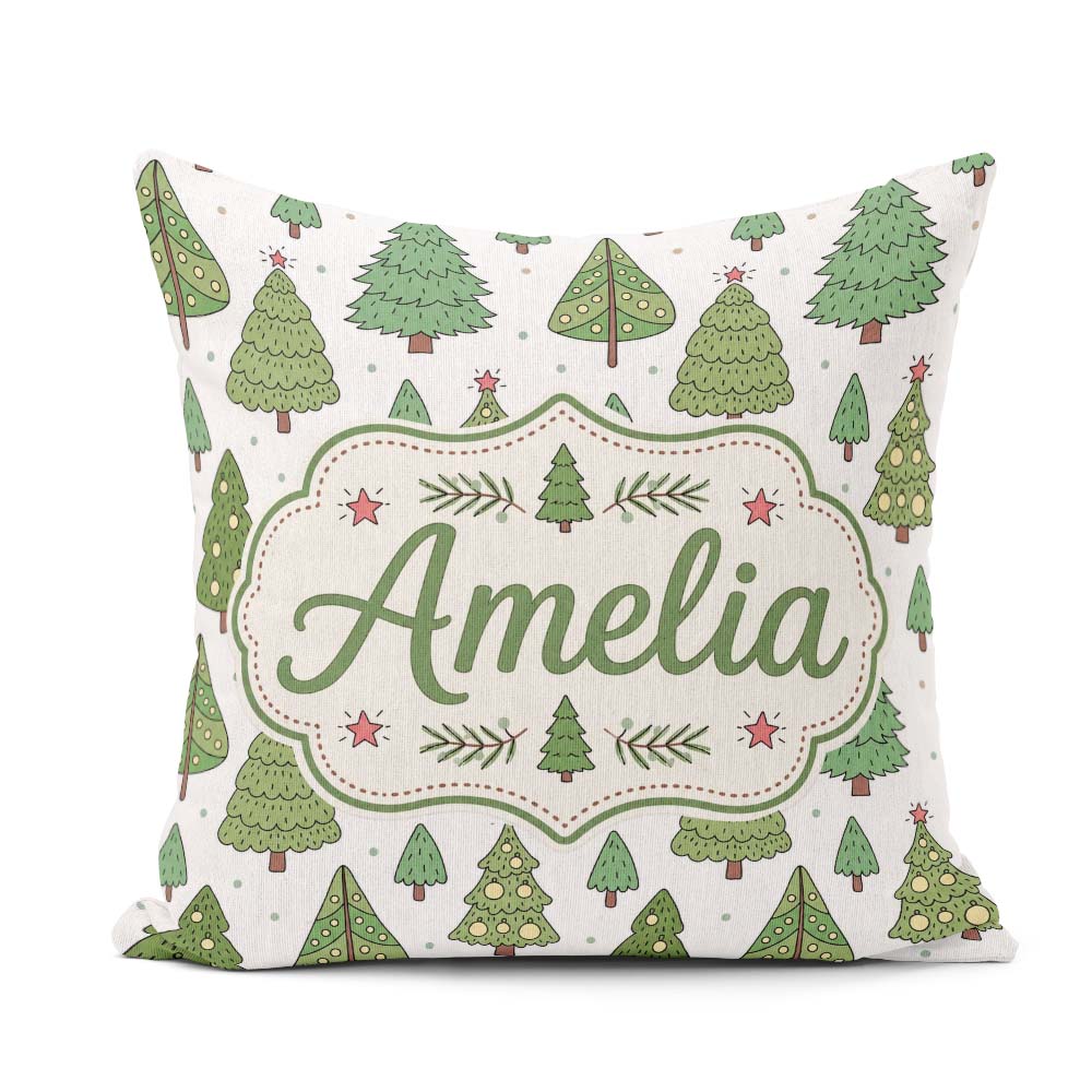 Custom Name Hand Drawn Christmas Trees with Ornaments and Dots Square Filled Cushion Throw Pillow Sofa Bed Home Decor Zip Washable UK Made