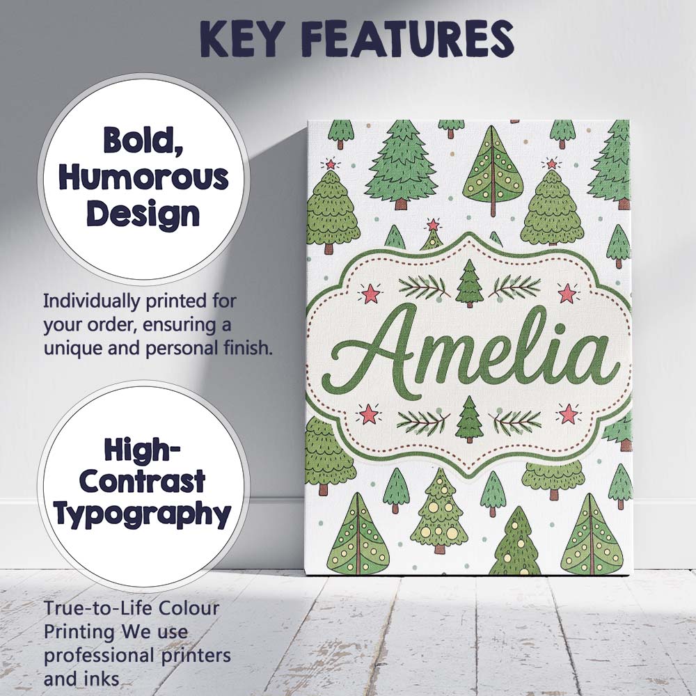 Personalised Name Hand Drawn Christmas Custom Modern Room Accent Elegant Feature Canvas Wall Art Print Decor Picture Ready to Hang