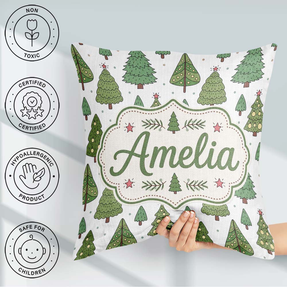 Custom Name Hand Drawn Christmas Trees with Ornaments and Dots Square Filled Cushion Throw Pillow Sofa Bed Home Decor Zip Washable UK Made
