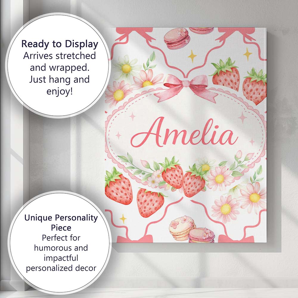 Personalised Name Strawberry Cherry Daisy White Red Outline Cute Custom Interior Canvas Wall Art Print Decor Picture Ready to Hang