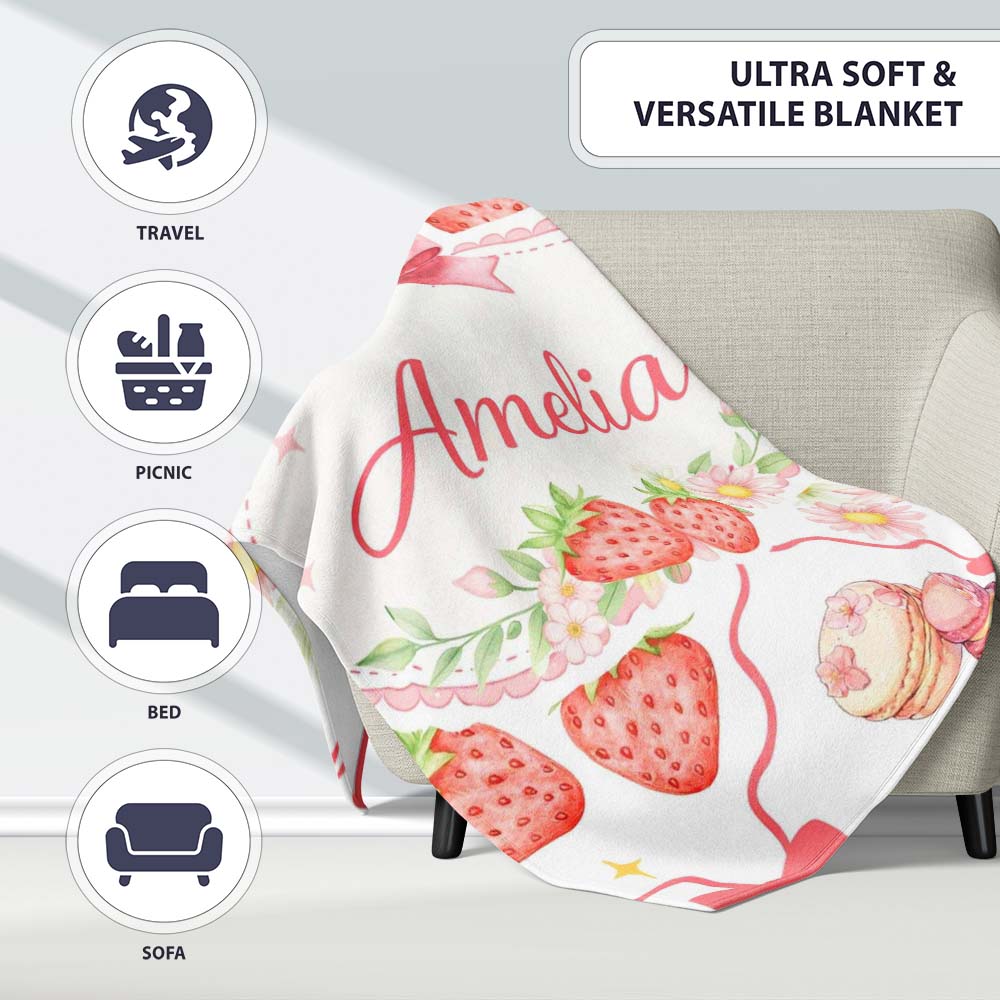 Strawberry Cherry Daisy White Red Outline Cute Coquette Floral Personalised Custom Name Super Soft Fleece Blanket Bed Sofa Throw