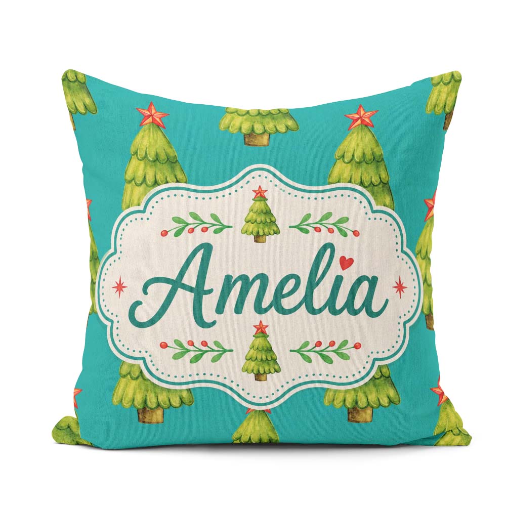 Custom Name Watercolor Trees on Teal Background with Red Stars Square Filled Cushion Throw Pillow Sofa Bed Home Decor Zip Washable UK Made