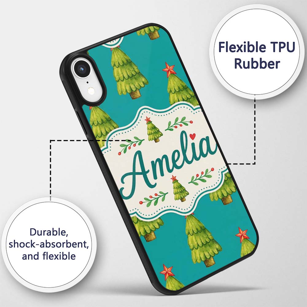 Watercolor Christmas Trees on Teal Background Custom Name Protective Phone Case Mobile Cover Durable Everyday Smartphone Shock Resistant