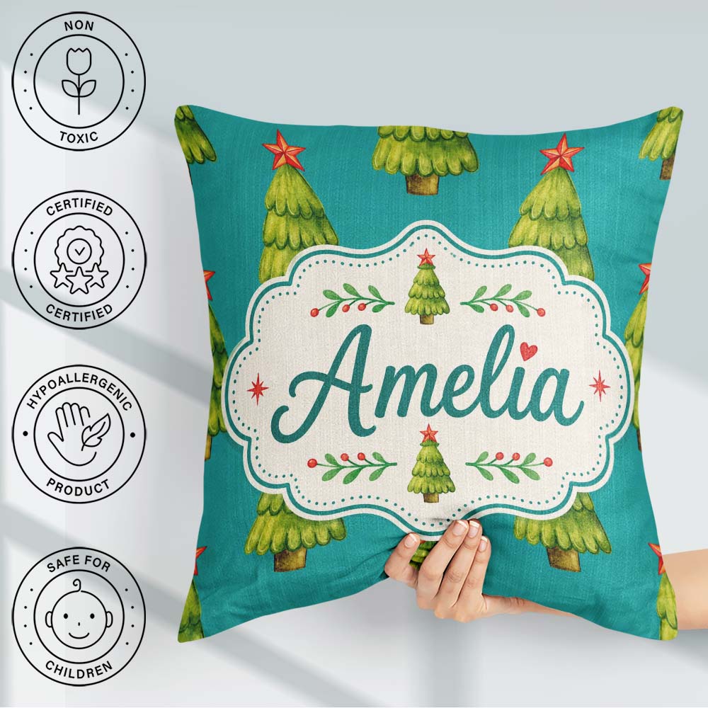 Custom Name Watercolor Trees on Teal Background with Red Stars Square Filled Cushion Throw Pillow Sofa Bed Home Decor Zip Washable UK Made