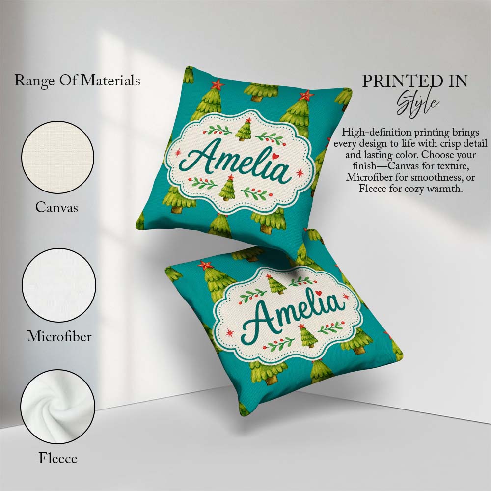 Custom Name Watercolor Trees on Teal Background with Red Stars Square Filled Cushion Throw Pillow Sofa Bed Home Decor Zip Washable UK Made