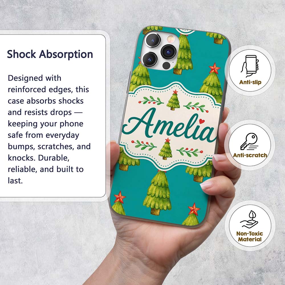 Watercolor Christmas Trees on Teal Background Custom Name Protective Phone Case Mobile Cover Durable Everyday Smartphone Shock Resistant