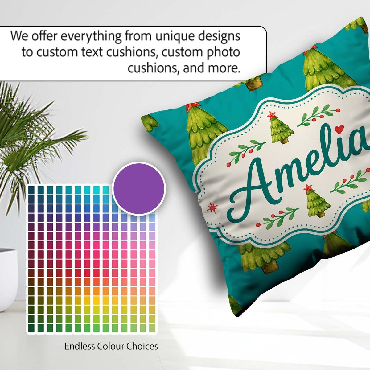 Custom Name Watercolor Trees on Teal Background with Red Stars Square Filled Cushion Throw Pillow Sofa Bed Home Decor Zip Washable UK Made