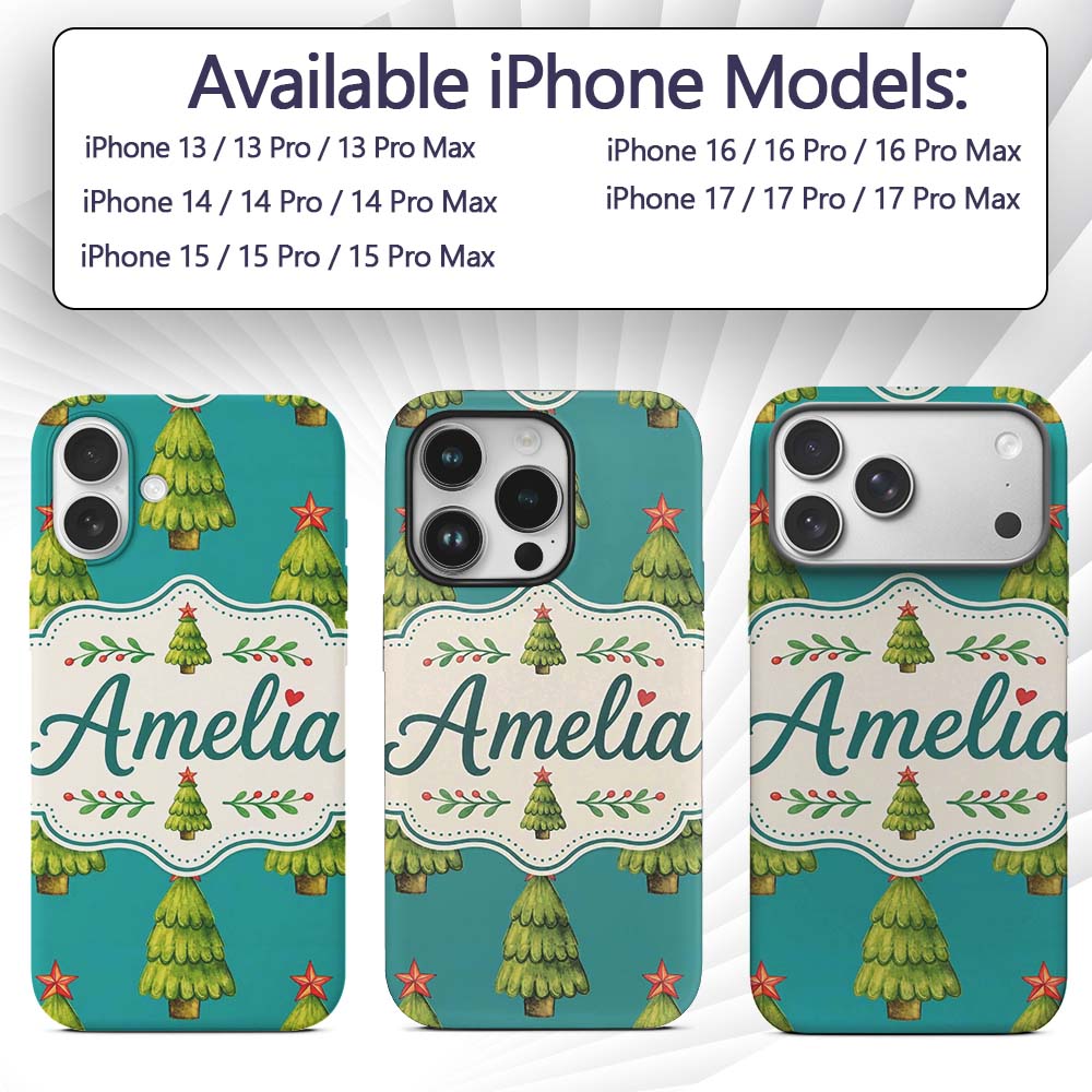 Watercolor Christmas Trees on Teal Background Custom Name Protective Phone Case Mobile Cover Durable Everyday Smartphone Shock Resistant