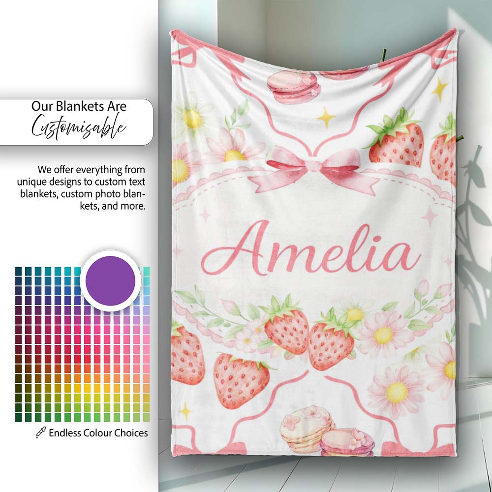 Strawberry Cherry Daisy White Red Outline Cute Coquette Floral Personalised Custom Name Super Soft Fleece Blanket Bed Sofa Throw