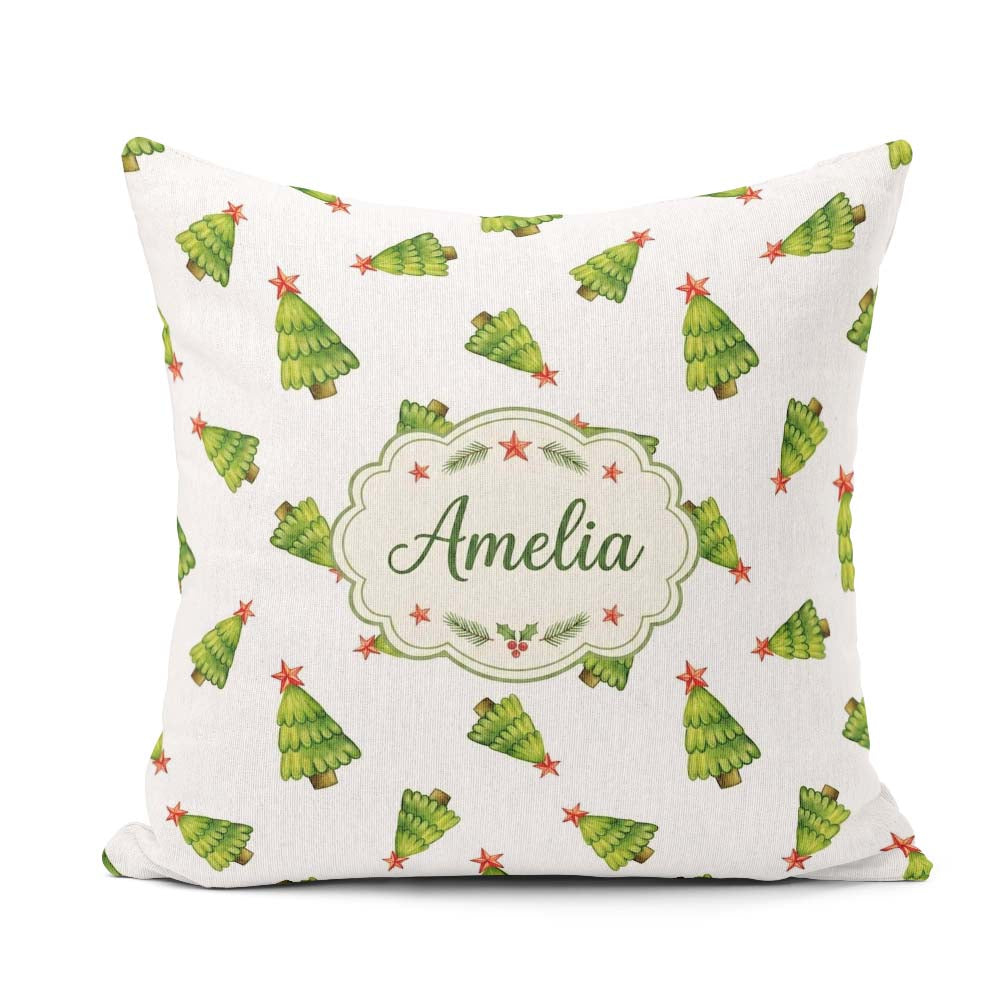 Custom Name Scattered Christmas Trees with Red Star Tops Minimal Square Filled Cushion Throw Pillow Sofa Bed Home Decor Zip Washable UK Made