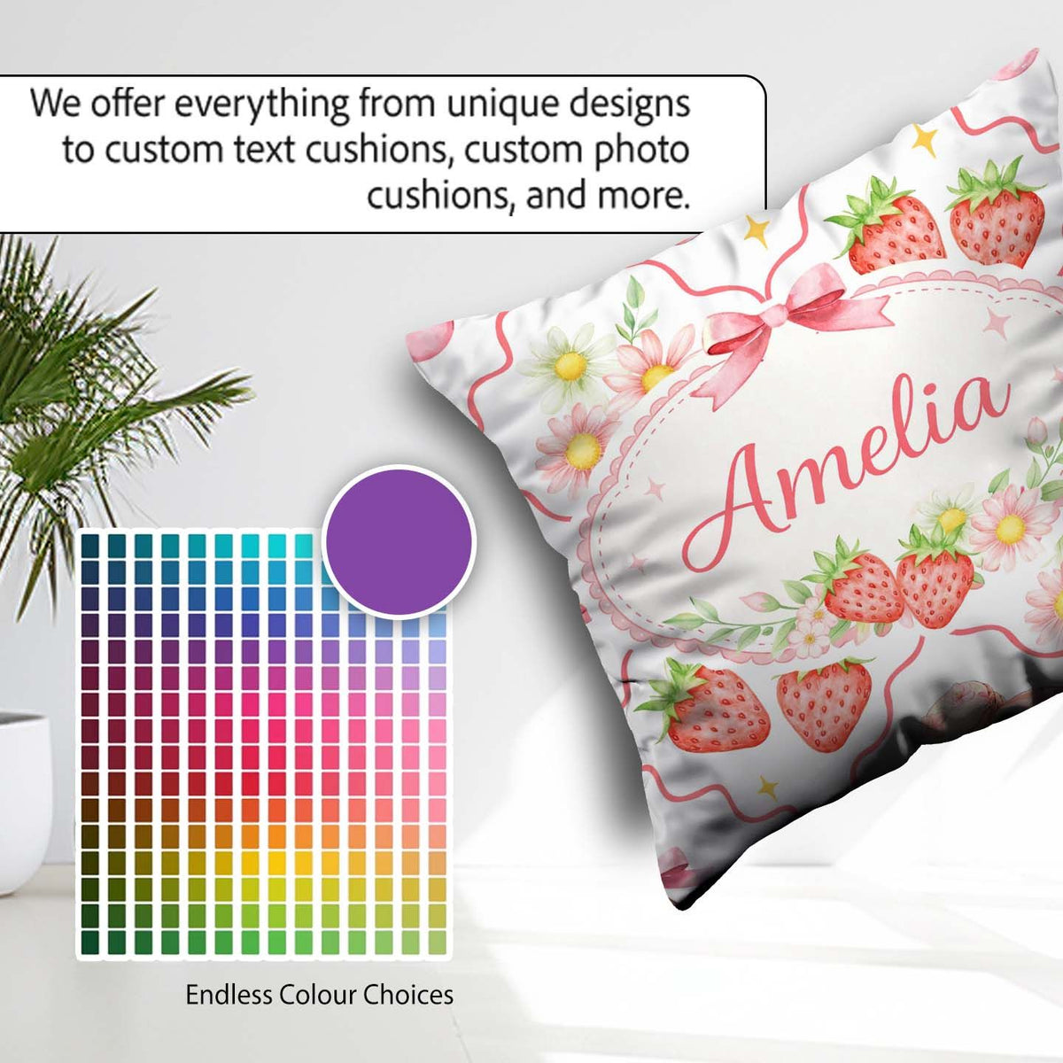 Custom Name Cherry Daisy White Red Outline Cute Coquette Floral Square Filled Cushion Throw Pillow Sofa Bed Home Decor Zip Washable UK Made