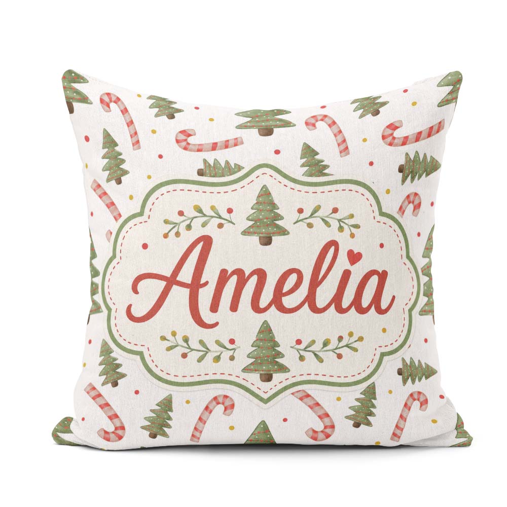 Custom Name Festive Christmas Trees with Candy and Dots Seamless Square Filled Cushion Throw Pillow Sofa Bed Home Decor Zip Washable UK Made