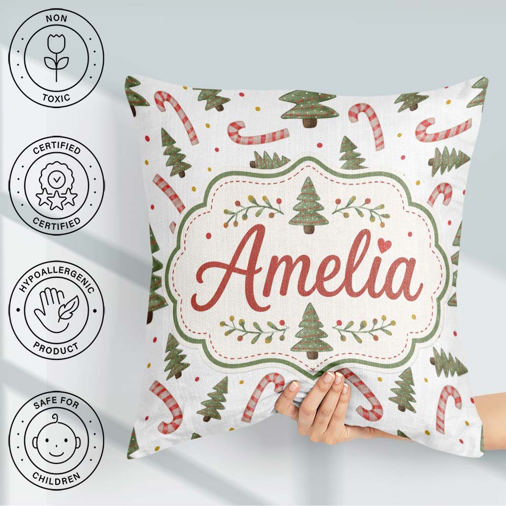 Custom Name Festive Christmas Trees with Candy and Dots Seamless Square Filled Cushion Throw Pillow Sofa Bed Home Decor Zip Washable UK Made