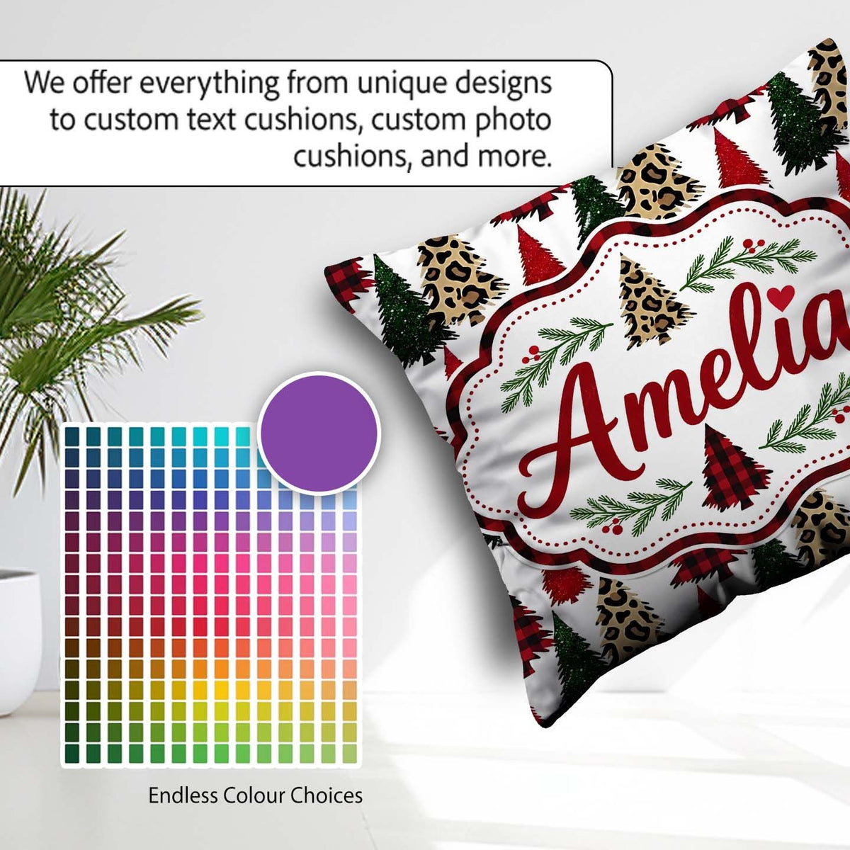 Custom Name Trendy Christmas Trees in Plaid and Leopard Seamless Square Filled Cushion Throw Pillow Sofa Bed Home Decor Zip Washable UK Made