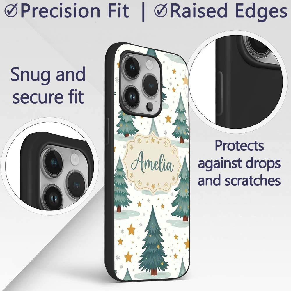 Winter Snowy Christmas Trees with Golden Stars Custom Name Protective Phone Case Mobile Cover Durable Everyday Smartphone Shock Resistant