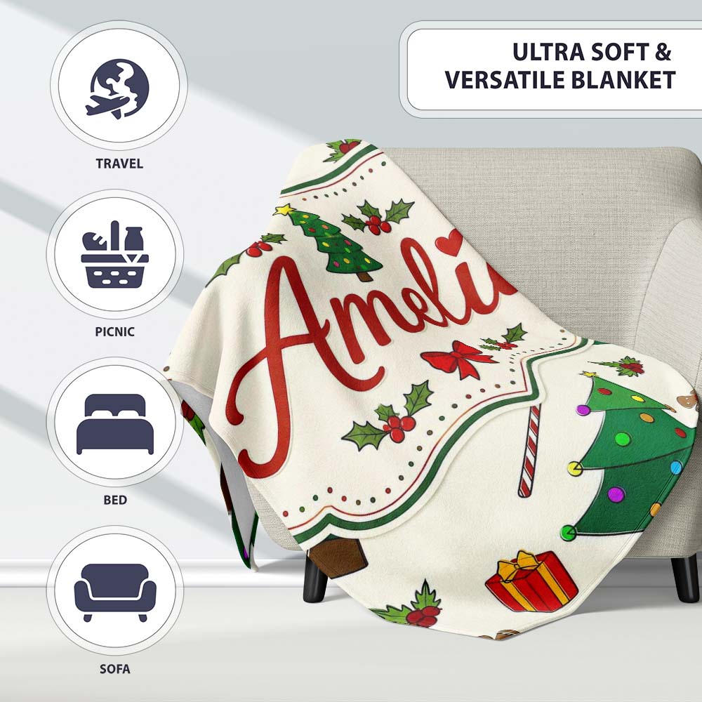 Cute Christmas Trees with Gifts Candy Canes and Gingerbread Seamless Personalised Custom Name Super Soft Fleece Blanket Bed Sofa Throw