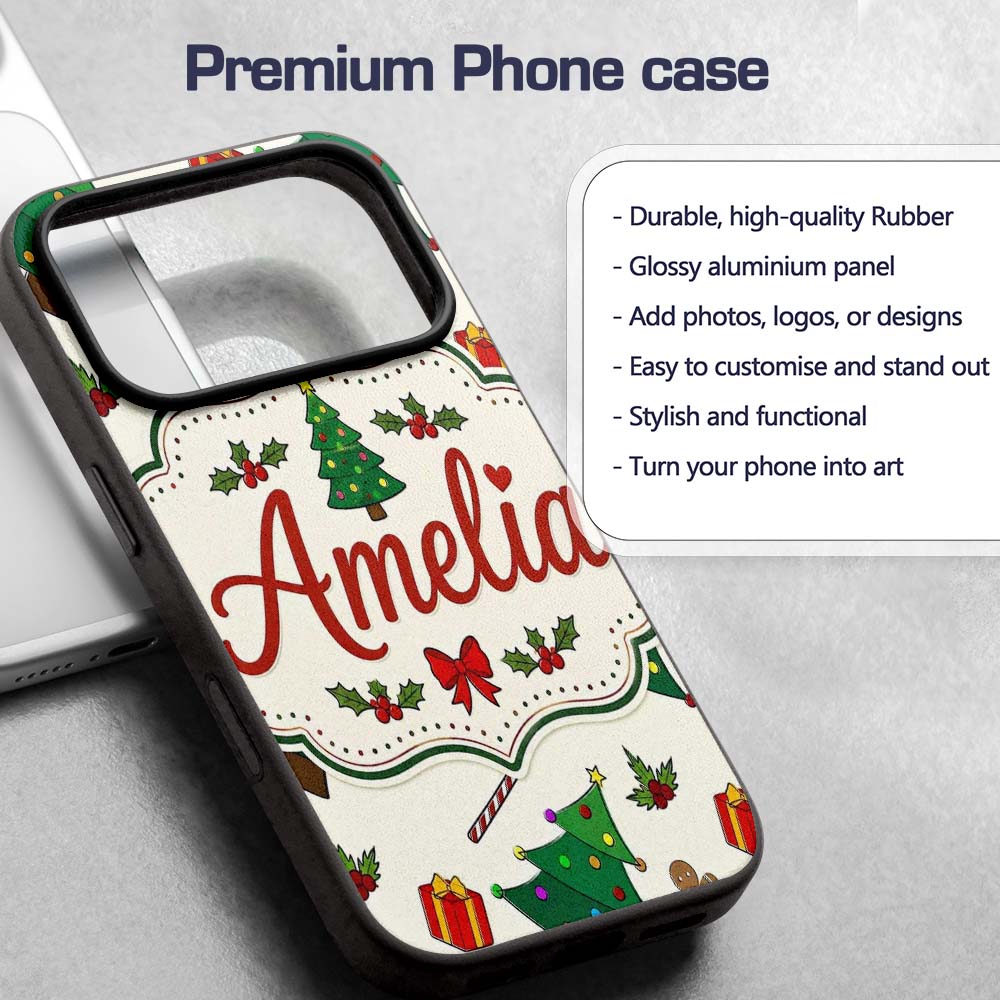 Cute Christmas Trees with Gifts Candy Canes and Custom Name Protective Phone Case Mobile Cover Durable Everyday Smartphone Shock Resistant