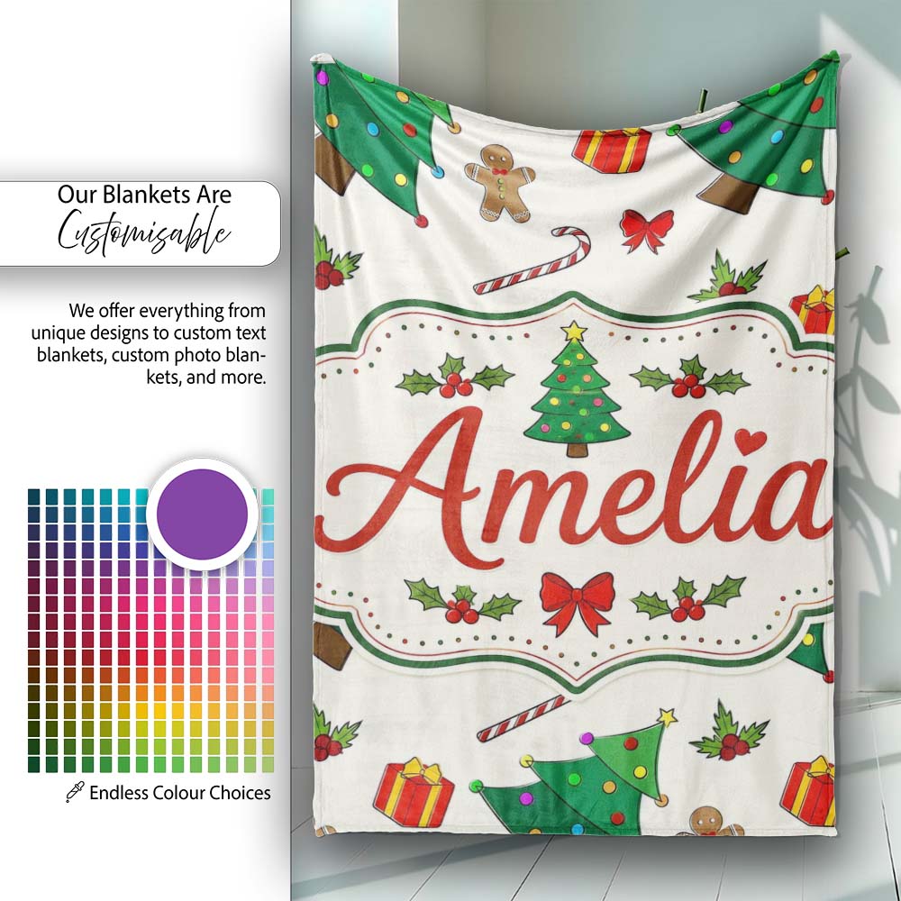 Cute Christmas Trees with Gifts Candy Canes and Gingerbread Seamless Personalised Custom Name Super Soft Fleece Blanket Bed Sofa Throw