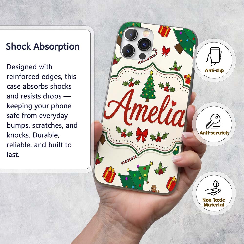 Cute Christmas Trees with Gifts Candy Canes and Custom Name Protective Phone Case Mobile Cover Durable Everyday Smartphone Shock Resistant