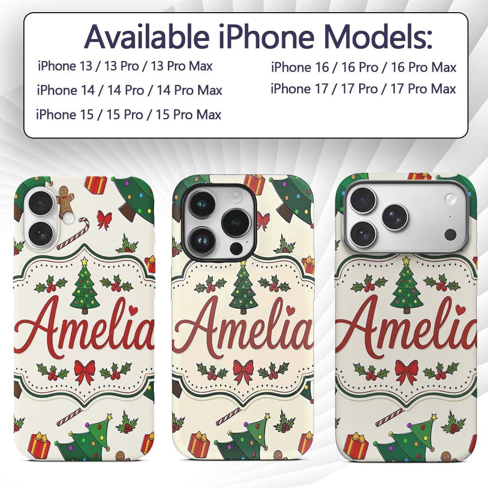 Cute Christmas Trees with Gifts Candy Canes and Custom Name Protective Phone Case Mobile Cover Durable Everyday Smartphone Shock Resistant
