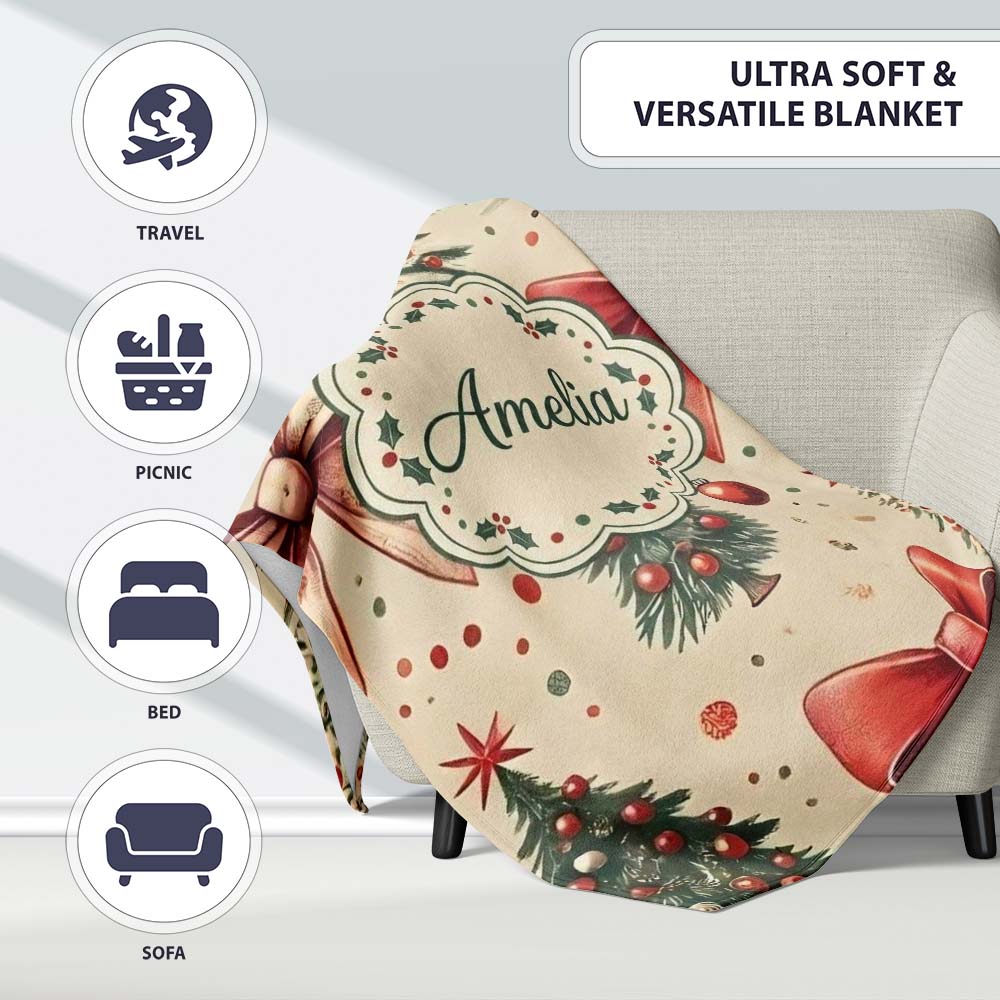 Vintage Christmas Tree with Red Bows Ornaments and Snowflakes Personalised Custom Name Super Soft Fleece Blanket Bed Sofa Throw