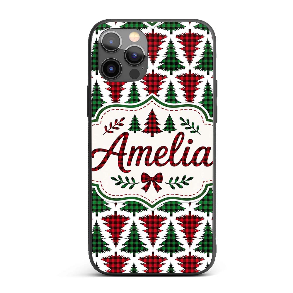 Buffalo Plaid Christmas Tree in Red and Green Custom Name Protective Phone Case Mobile Cover Durable Everyday Smartphone Shock Resistant