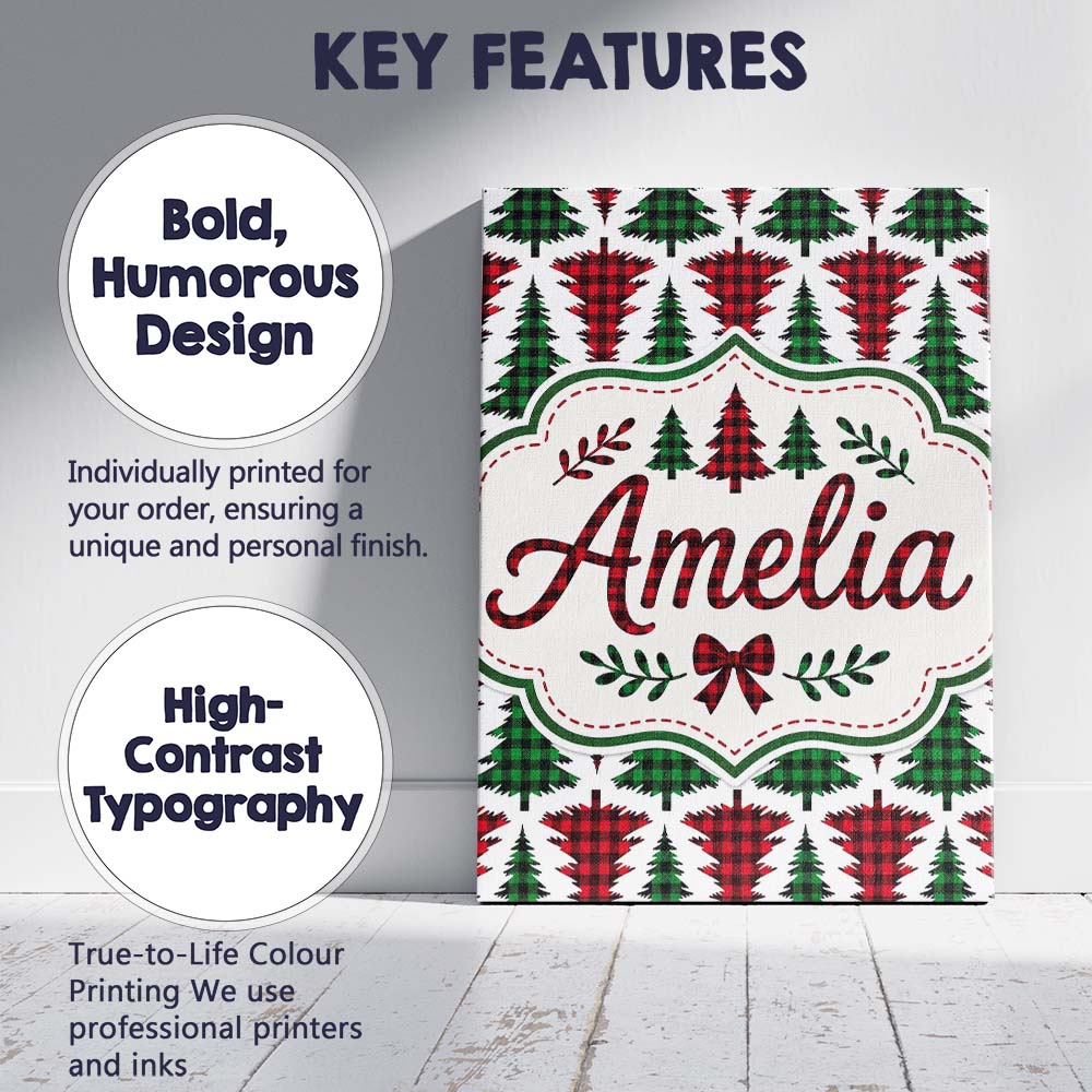 Personalised Name Buffalo Plaid Christmas Custom Unique Gift Idea Elegant Feature Canvas Wall Art Print Decor Picture Ready to Hang