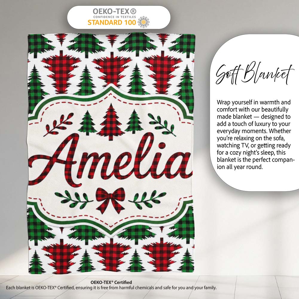 Buffalo Plaid Christmas Tree in Red and Green Rustic Seamless Personalised Custom Name Super Soft Fleece Blanket Bed Sofa Throw