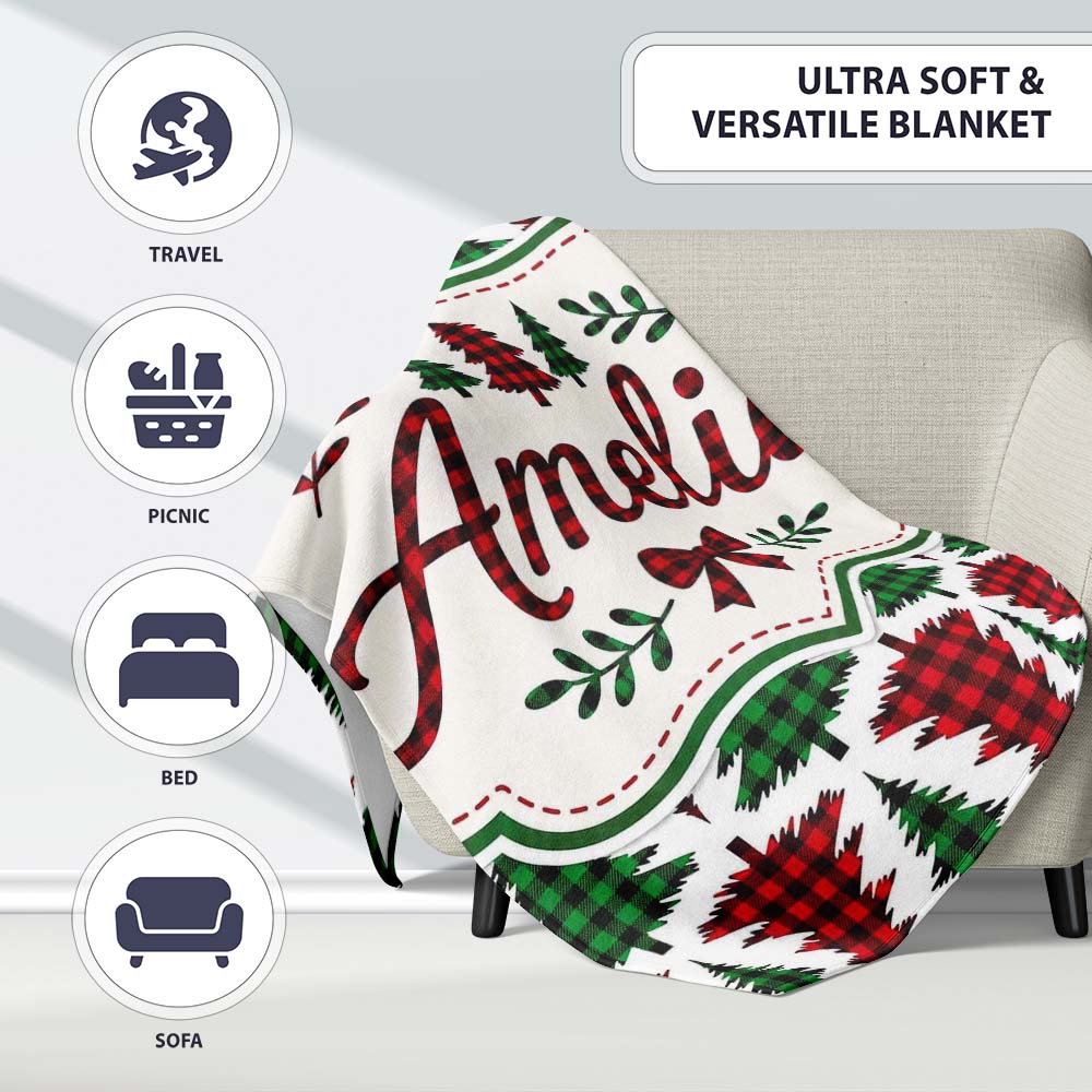 Buffalo Plaid Christmas Tree in Red and Green Rustic Seamless Personalised Custom Name Super Soft Fleece Blanket Bed Sofa Throw