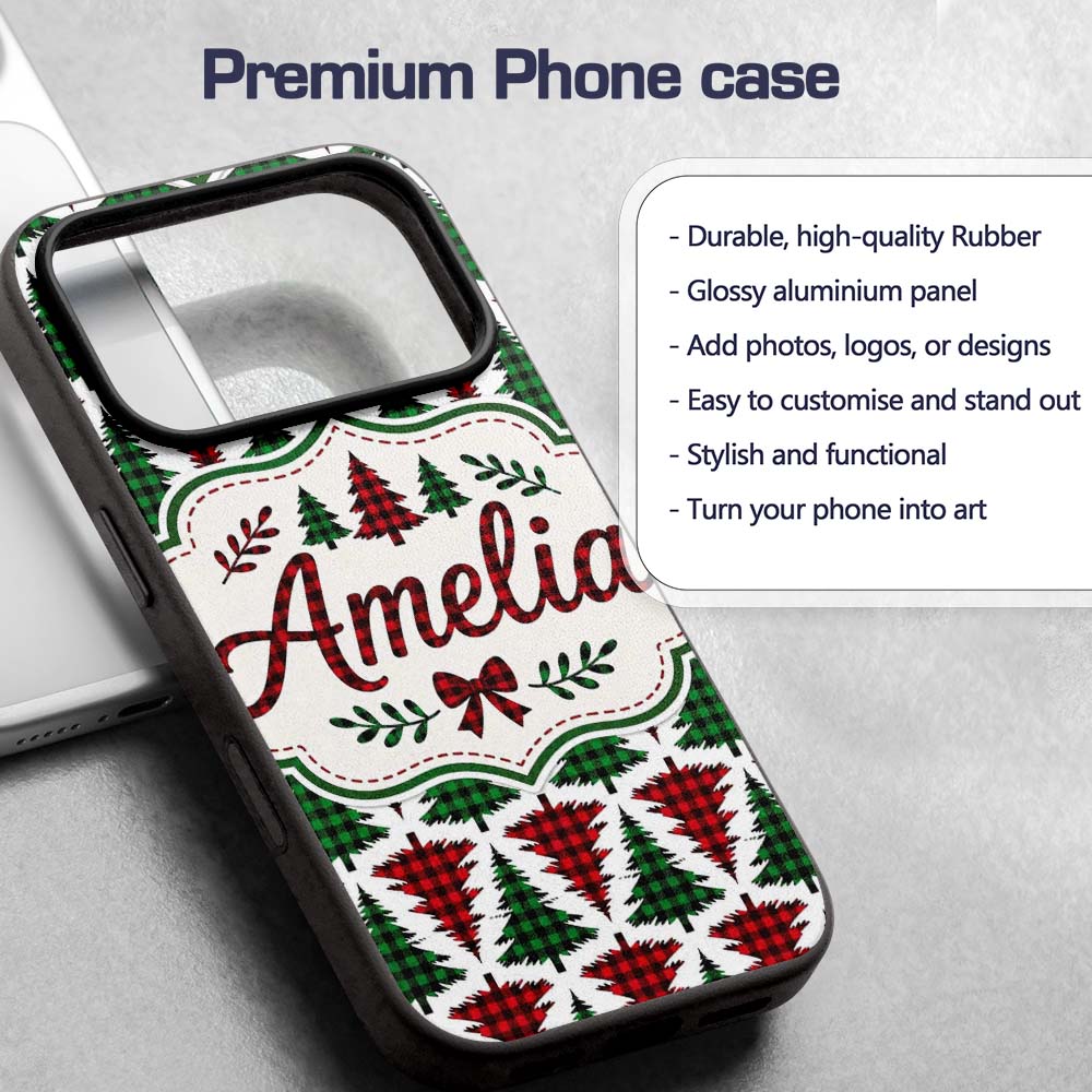 Buffalo Plaid Christmas Tree in Red and Green Custom Name Protective Phone Case Mobile Cover Durable Everyday Smartphone Shock Resistant