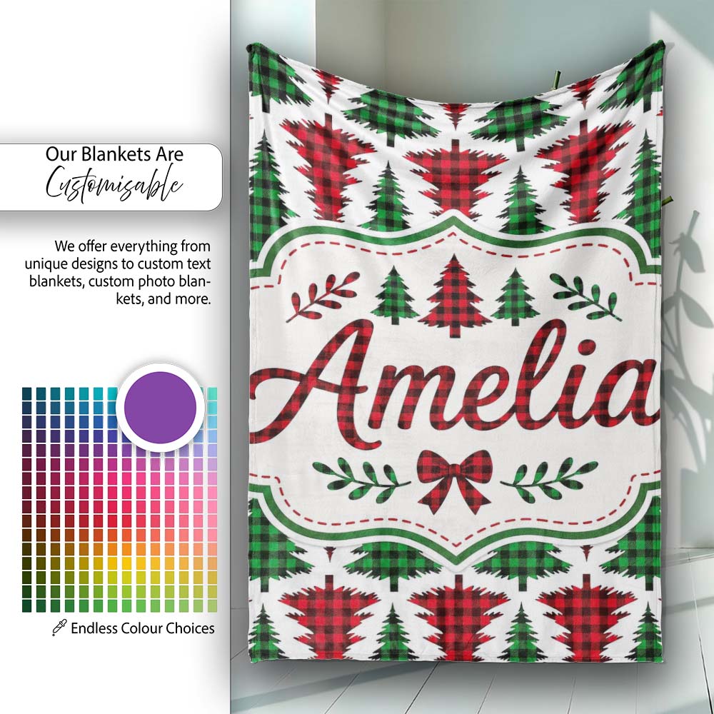 Buffalo Plaid Christmas Tree in Red and Green Rustic Seamless Personalised Custom Name Super Soft Fleece Blanket Bed Sofa Throw